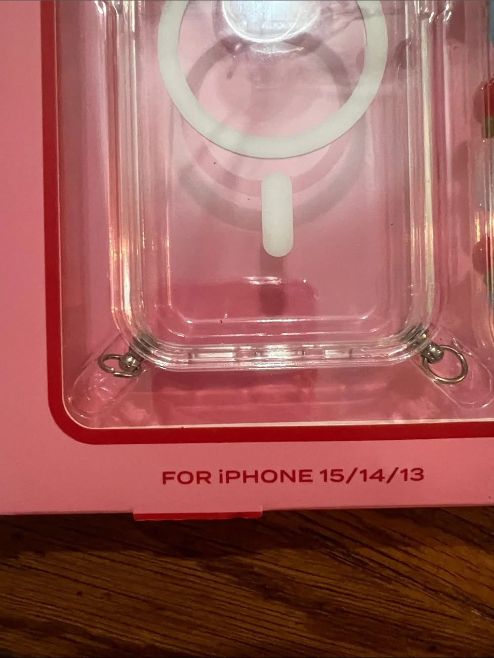 Pencey Pink-Trim Clear iPhone Case with Red Cherry & Light Blue Beaded Strap